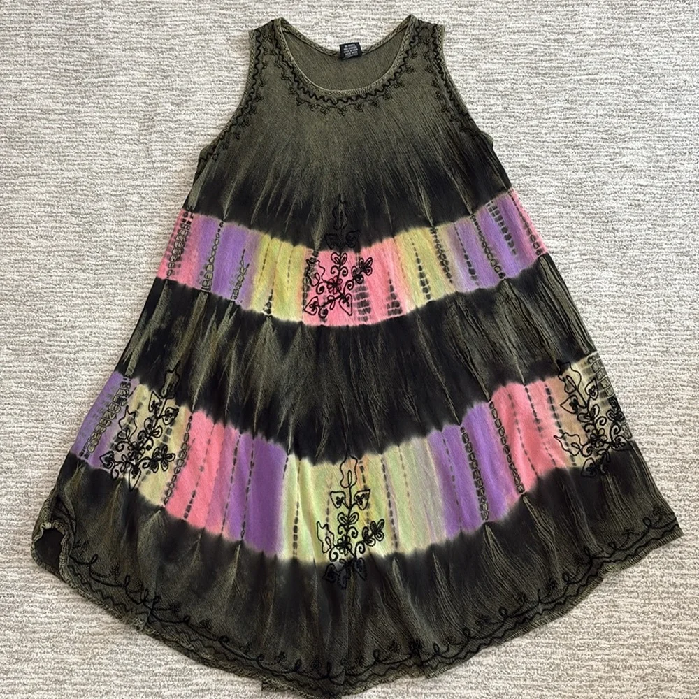 Fashion Force Embroidered Tie Dye Midi Tank Dress Free Size Rainbow Stripe Y2K